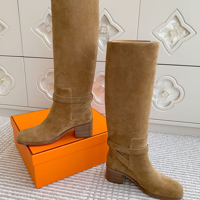 HM 25S TALL BOOTS 50 MM IN BROWN SUEDE WITH GOLD HARDWARE
