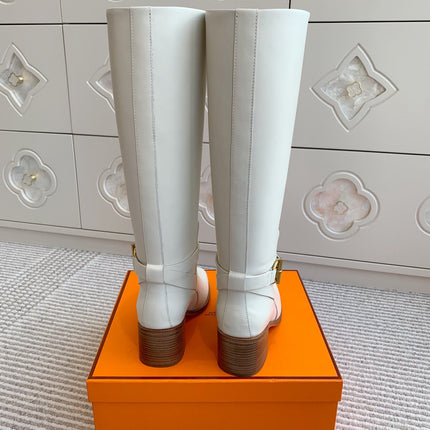 HM 25S TALL BOOTS 50 MM IN WHITE CALFSKIN WITH GOLD HARDWARE
