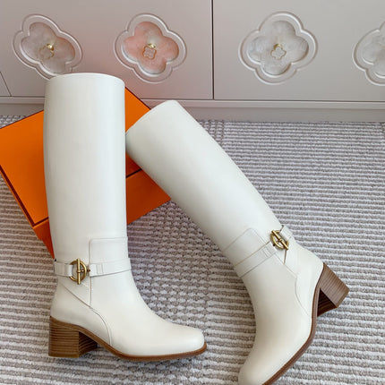 HM 25S TALL BOOTS 50 MM IN WHITE CALFSKIN WITH GOLD HARDWARE
