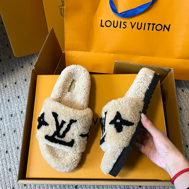 SLIPPER IN CAMEL BEIGE MIX BLACK FLEECE