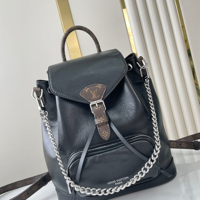 MONTSOURIS VIBE PM BACKPACK 30 IN BLACK LAMBSKIN SILVER CHAIN