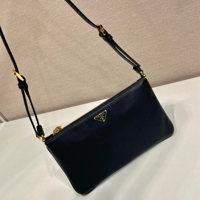 TRIANGLE LOGO SHOULDER BAG 24 IN BLACK SMOOTH CALFSKIN