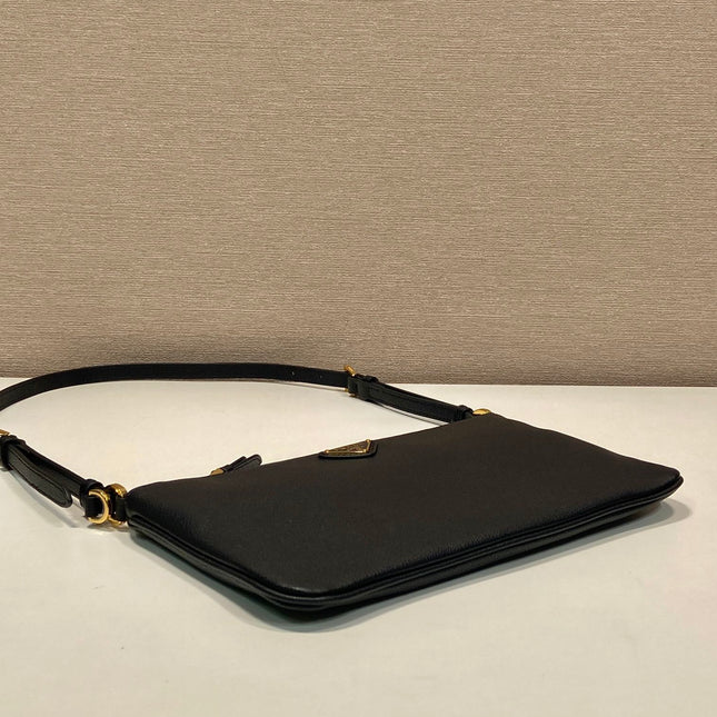 TRIANGLE LOGO SHOULDER BAG 24 IN BLACK SMOOTH CALFSKIN