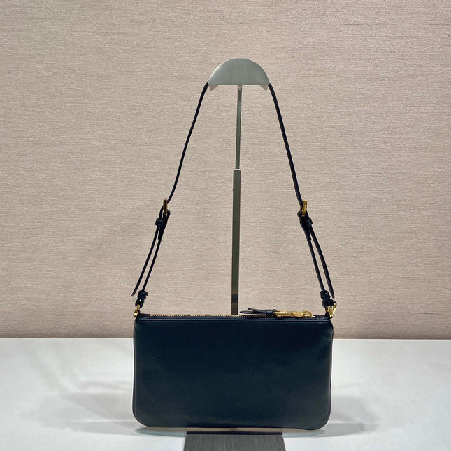 TRIANGLE LOGO SHOULDER BAG 24 IN BLACK SMOOTH CALFSKIN