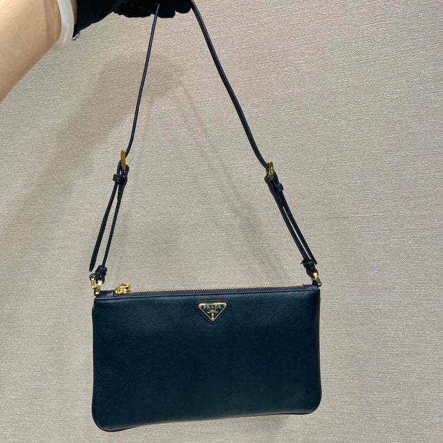 TRIANGLE LOGO SHOULDER BAG 24 IN BLACK SMOOTH CALFSKIN
