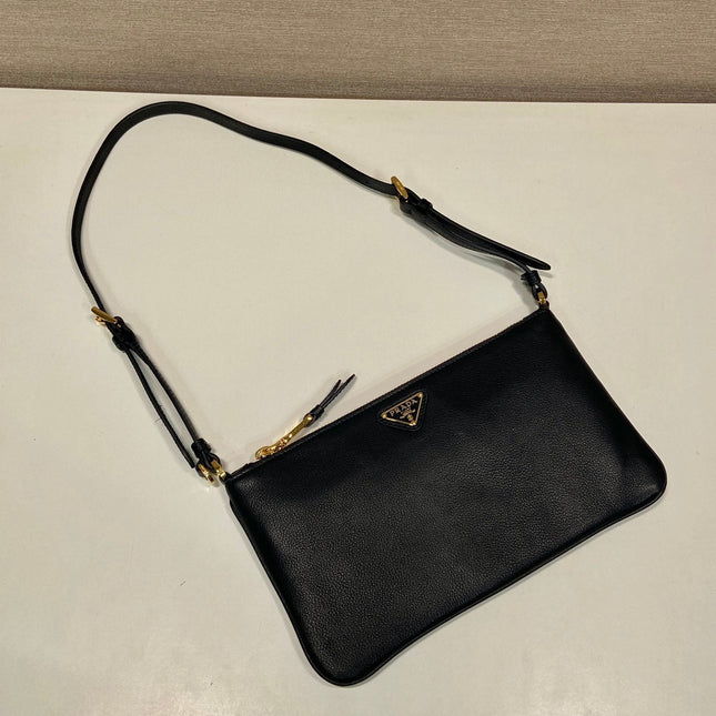 TRIANGLE LOGO SHOULDER BAG 24 IN BLACK SMOOTH CALFSKIN