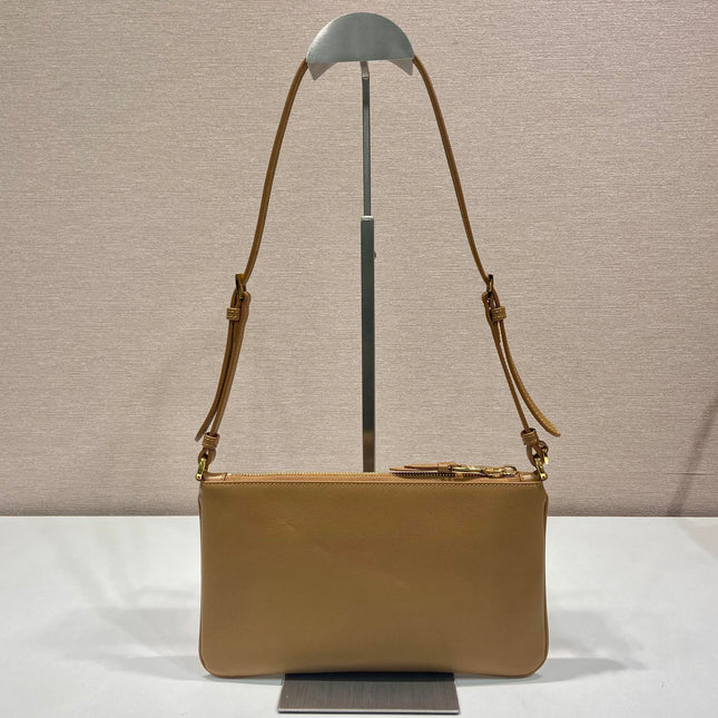 TRIANGLE LOGO SHOULDER BAG 24 IN PEANUT BROWN SMOOTH CALFSKIN