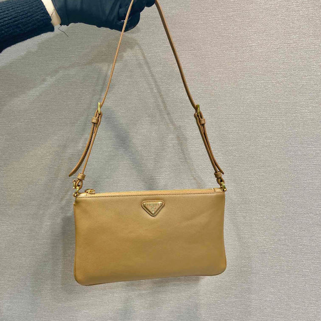 TRIANGLE LOGO SHOULDER BAG 24 IN PEANUT BROWN SMOOTH CALFSKIN