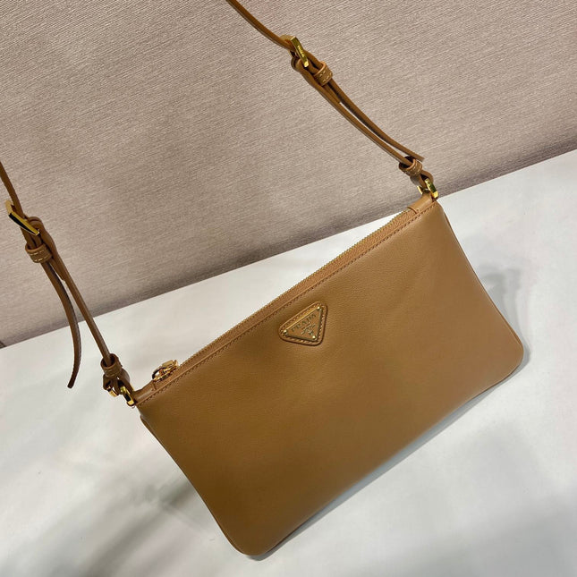 TRIANGLE LOGO SHOULDER BAG 24 IN PEANUT BROWN SMOOTH CALFSKIN