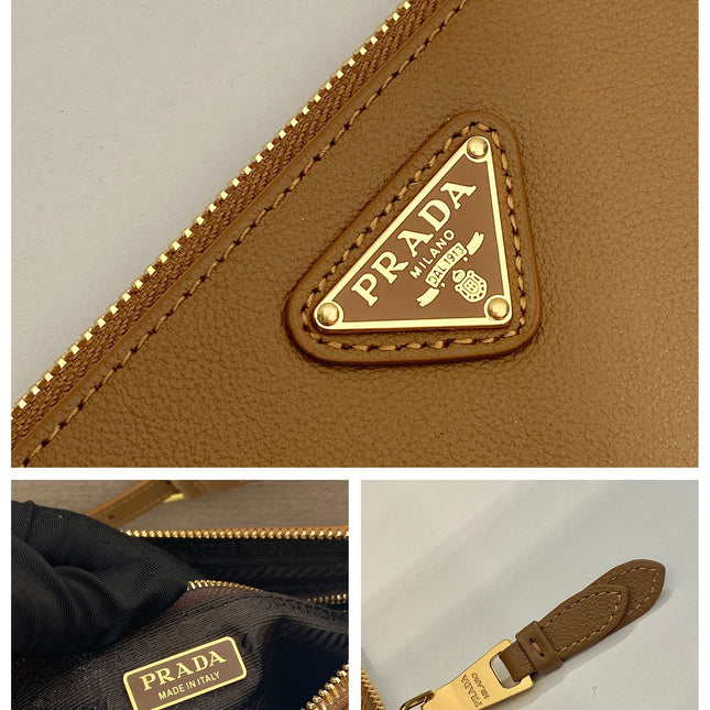 TRIANGLE LOGO SHOULDER BAG 24 IN PEANUT BROWN SMOOTH CALFSKIN
