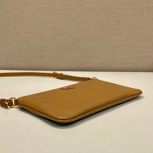 TRIANGLE LOGO SHOULDER BAG 24 IN PEANUT BROWN SMOOTH CALFSKIN