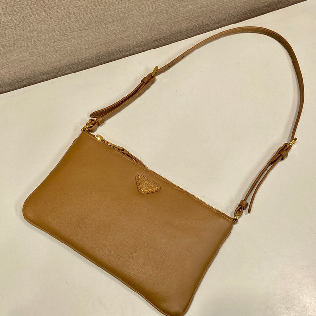 TRIANGLE LOGO SHOULDER BAG 24 IN PEANUT BROWN SMOOTH CALFSKIN
