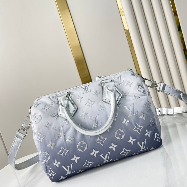 SPEEDY BANDOULIÈRE 25 IN GRADIENT SILVER MONOGRAM NYLON SILVER HARDWARE