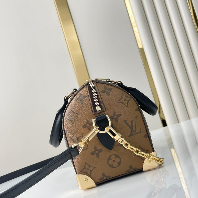 SPEEDY TRUNK 20 IN BROWN MONOGRAM CANVAS AND BLACK CALFSKIN TRIM GOLD BUCKLE