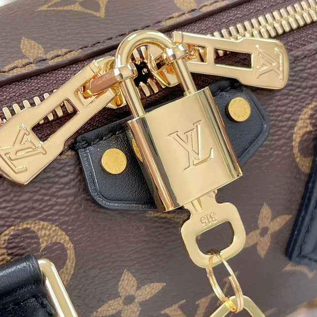 SPEEDY TRUNK 20 IN BROWN MONOGRAM CANVAS AND BLACK CALFSKIN TRIM GOLD BUCKLE
