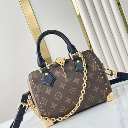 SPEEDY TRUNK 20 IN BROWN MONOGRAM CANVAS AND BLACK CALFSKIN TRIM GOLD BUCKLE