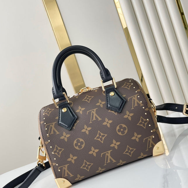 SPEEDY TRUNK 20 IN BROWN MONOGRAM CANVAS AND BLACK CALFSKIN TRIM GOLD BUCKLE