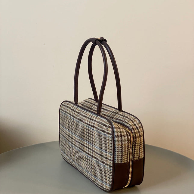 BEAU TOP HANDLE BAG 34 IN BEIGE TARTAN AND COCOA BROWN LEATHER TRIM