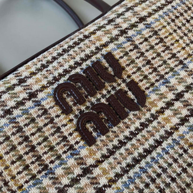 BEAU TOP HANDLE BAG 34 IN BEIGE TARTAN AND COCOA BROWN LEATHER TRIM