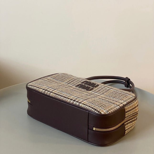 BEAU TOP HANDLE BAG 34 IN BEIGE TARTAN AND COCOA BROWN LEATHER TRIM