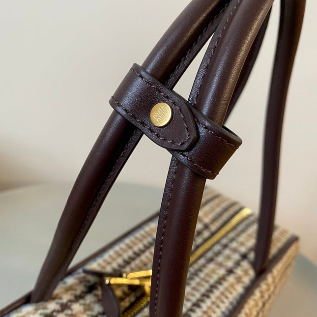BEAU TOP HANDLE BAG 34 IN BEIGE TARTAN AND COCOA BROWN LEATHER TRIM