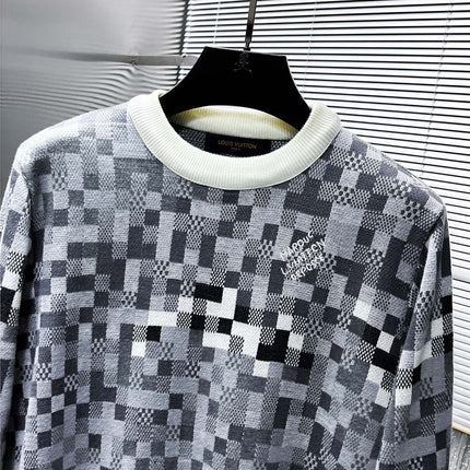 LV KNITTED SWEATER IN GRAY BLACK WHITE DAMOFLAGE MOTIF WOOL 238799