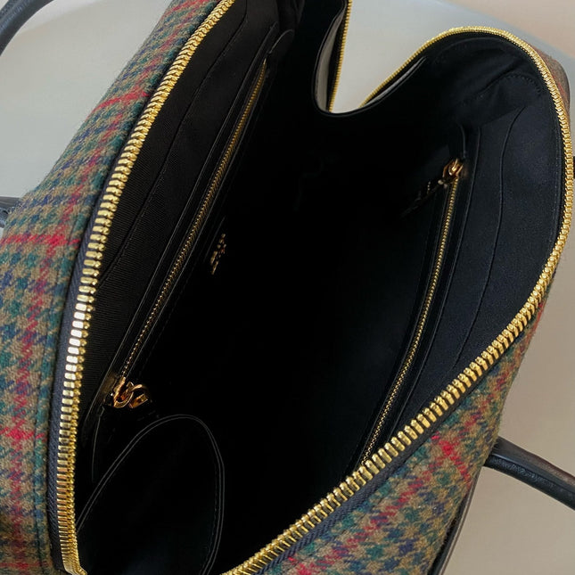 BEAU TOP HANDLE BAG 34 IN LODEN GREEN TARTAN AND BLACK LEATHER TRIM