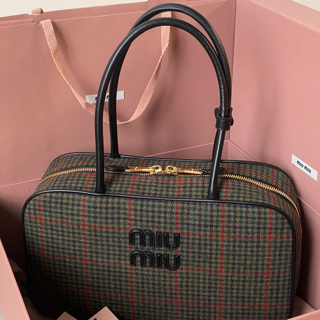 BEAU TOP HANDLE BAG 34 IN LODEN GREEN TARTAN AND BLACK LEATHER TRIM