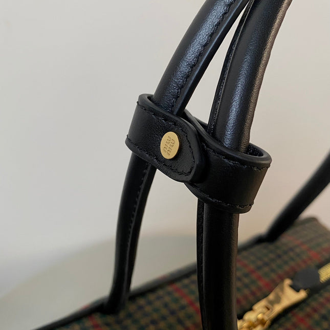 BEAU TOP HANDLE BAG 34 IN LODEN GREEN TARTAN AND BLACK LEATHER TRIM