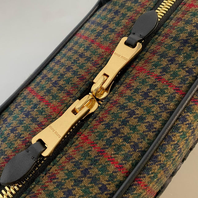 BEAU TOP HANDLE BAG 34 IN LODEN GREEN TARTAN AND BLACK LEATHER TRIM