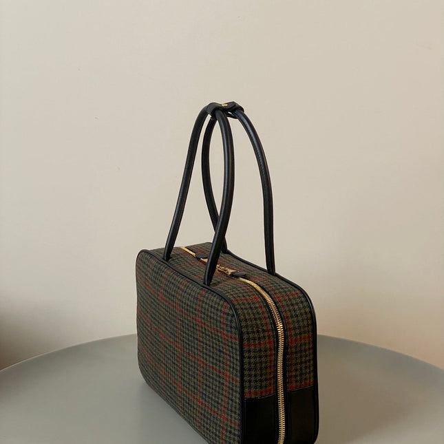 BEAU TOP HANDLE BAG 34 IN LODEN GREEN TARTAN AND BLACK LEATHER TRIM