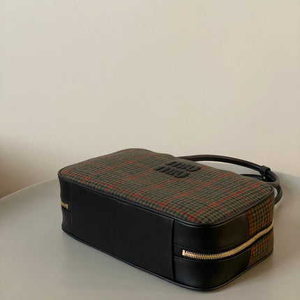 BEAU TOP HANDLE BAG 34 IN LODEN GREEN TARTAN AND BLACK LEATHER TRIM