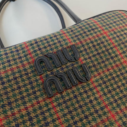 BEAU TOP HANDLE BAG 34 IN LODEN GREEN TARTAN AND BLACK LEATHER TRIM
