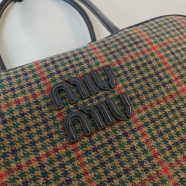 BEAU TOP HANDLE BAG 34 IN LODEN GREEN TARTAN AND BLACK LEATHER TRIM