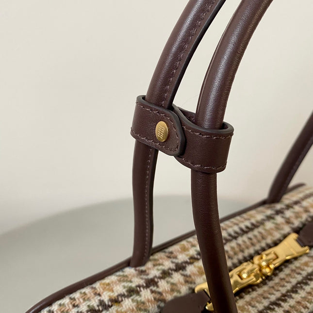 BEAU TOP HANDLE BAG 27 IN BEIGE TARTAN AND COCOA BROWN LEATHER TRIM