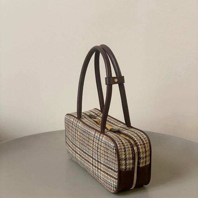 BEAU TOP HANDLE BAG 27 IN BEIGE TARTAN AND COCOA BROWN LEATHER TRIM