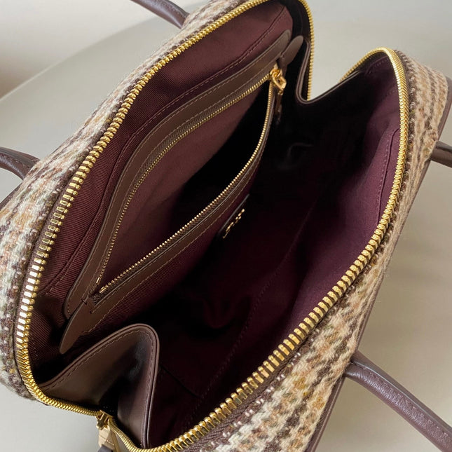 BEAU TOP HANDLE BAG 27 IN BEIGE TARTAN AND COCOA BROWN LEATHER TRIM