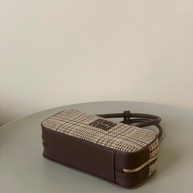 BEAU TOP HANDLE BAG 27 IN BEIGE TARTAN AND COCOA BROWN LEATHER TRIM