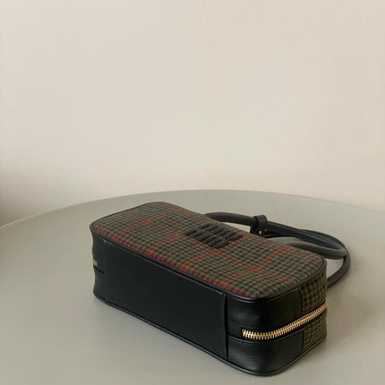 BEAU TOP HANDLE BAG 27 IN LODEN GREEN TARTAN AND BLACK LEATHER TRIM