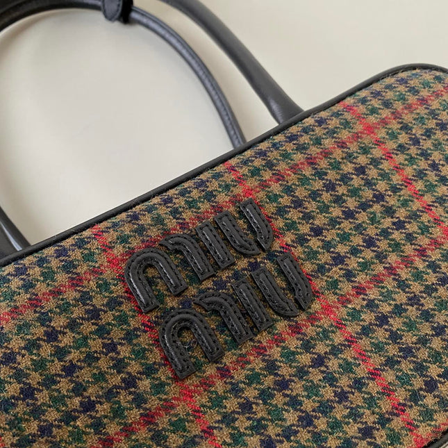 BEAU TOP HANDLE BAG 27 IN LODEN GREEN TARTAN AND BLACK LEATHER TRIM