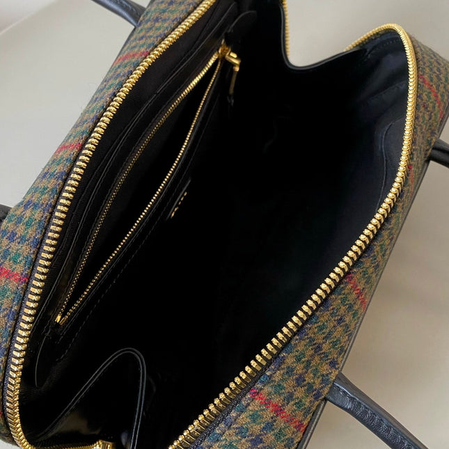 BEAU TOP HANDLE BAG 27 IN LODEN GREEN TARTAN AND BLACK LEATHER TRIM