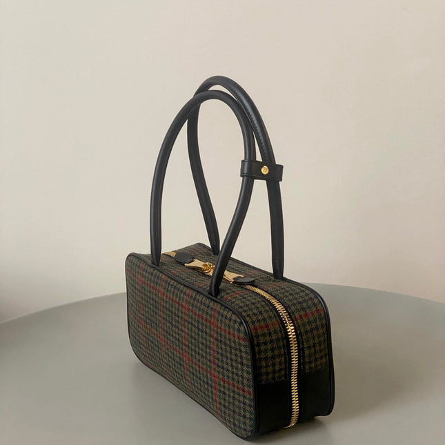 BEAU TOP HANDLE BAG 27 IN LODEN GREEN TARTAN AND BLACK LEATHER TRIM