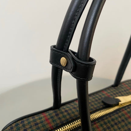 BEAU TOP HANDLE BAG 27 IN LODEN GREEN TARTAN AND BLACK LEATHER TRIM