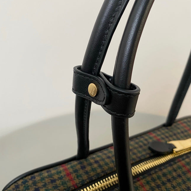 BEAU TOP HANDLE BAG 27 IN LODEN GREEN TARTAN AND BLACK LEATHER TRIM