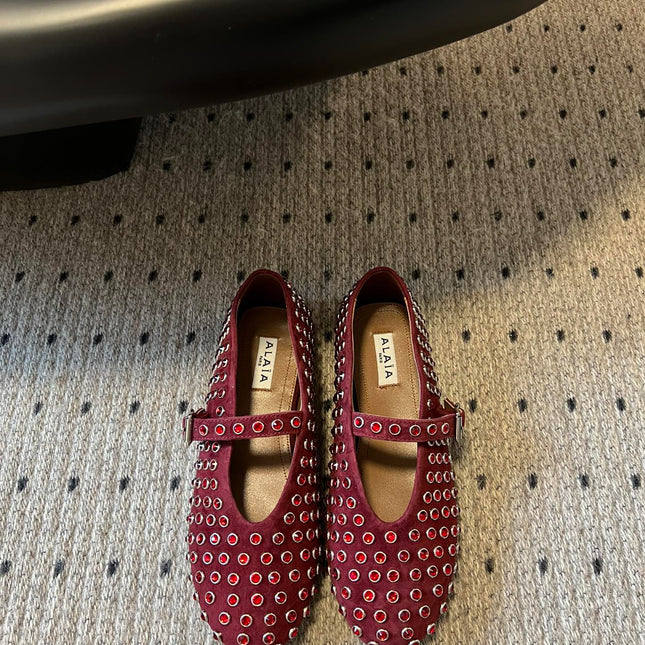 STRASS BALLET FLATS IN BERRY RED LAMBSKIN