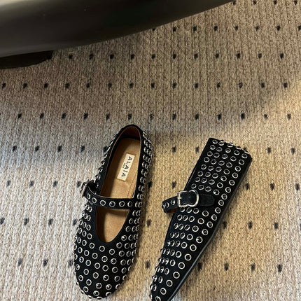 STRASS BALLET FLATS IN BLACK LAMBSKIN
