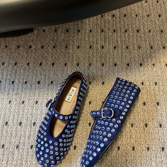 STRASS BALLET FLATS IN COBALT BLUE LAMBSKIN
