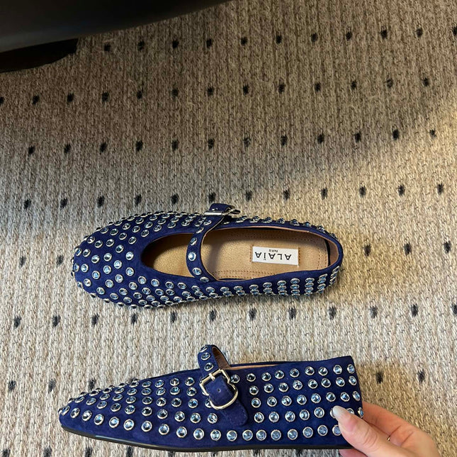STRASS BALLET FLATS IN COBALT BLUE LAMBSKIN
