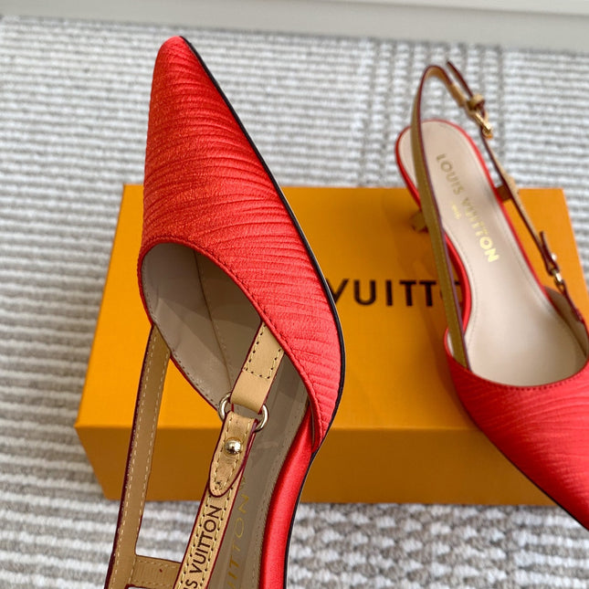 BLOSSOM SLINGBACKS 55 MM IN CHERRY RED IMPORTED STRIPED SILK SATIN