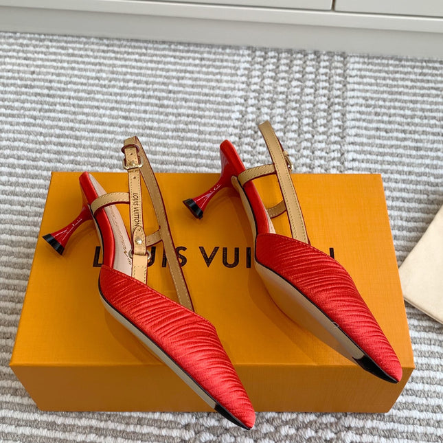 BLOSSOM SLINGBACKS 55 MM IN CHERRY RED IMPORTED STRIPED SILK SATIN